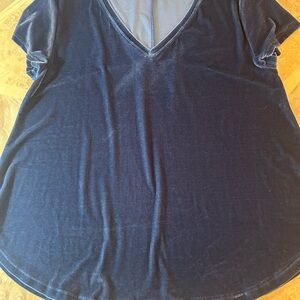 Dylan Elegant Dusty Blue Velvet V-Neck Women's Top with Curved hemline